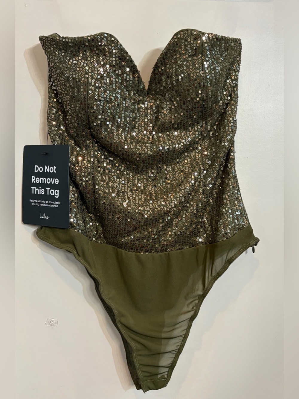 Lulus Sequin Olive Green Strapless Bodysuit